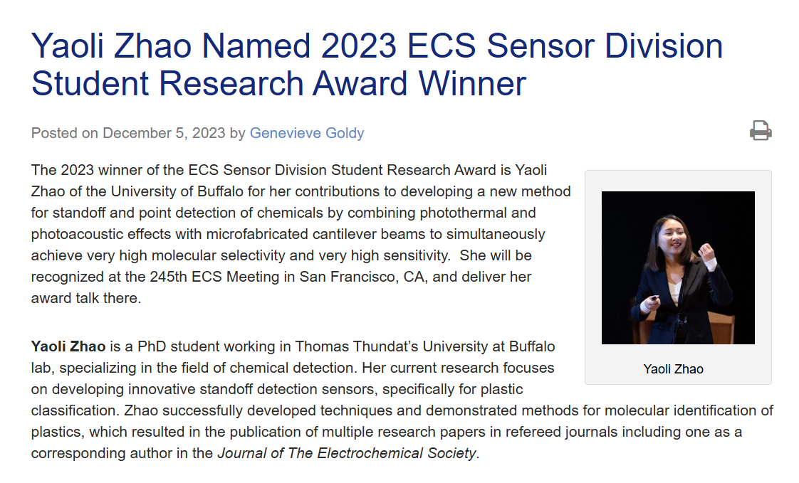 Electrochemical Society announcement naming Yaoli Zhao the 2023 award winner