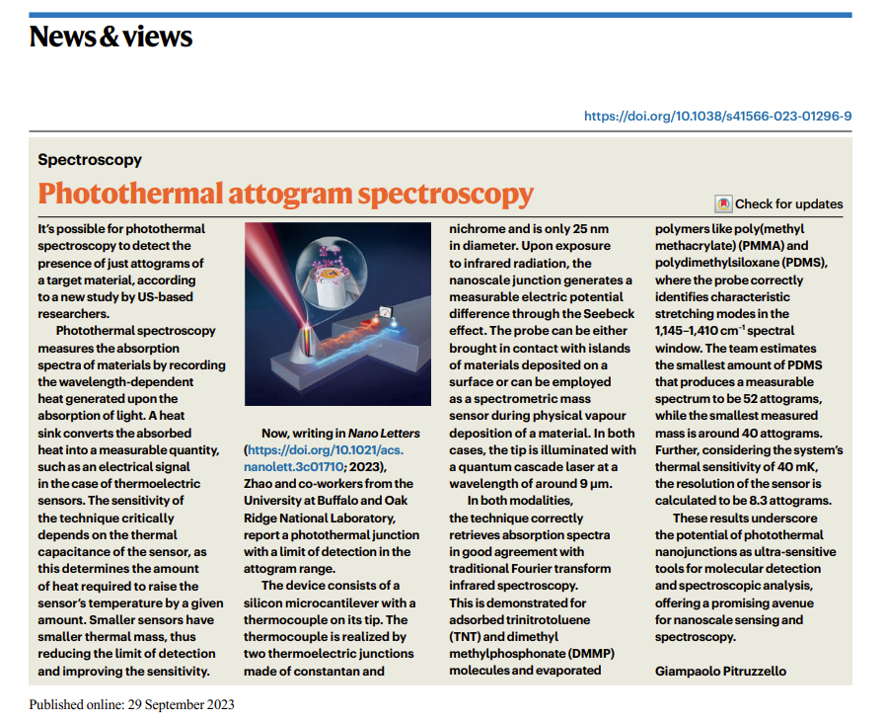 Nature Photonics News and Views feature on photothermal attogram spectroscopy