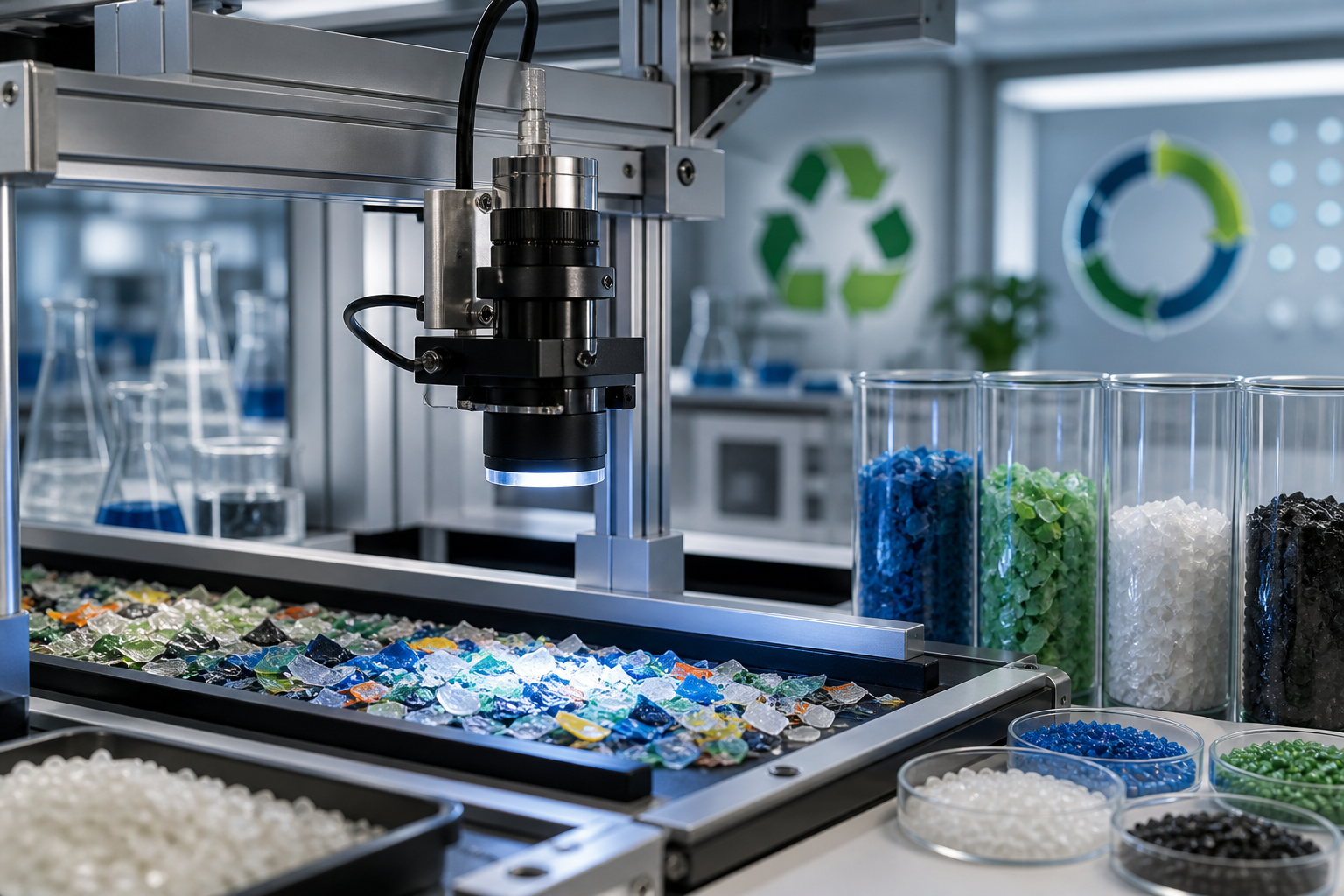 Optical sensing setup scanning recycled plastic flakes